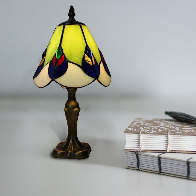 Stained Glass Cone Table Light with Metal Base and Gem/Grape/Peacock Tail Pattern 1 Light Tiffany Table Lighting for Bedside Clearhalo 'Lamps' 'Table Lamps' Lighting' 170631