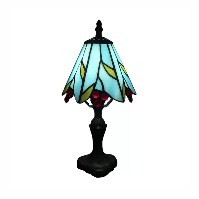 Stained Glass Cone Table Light with Metal Base and Gem/Grape/Peacock Tail Pattern 1 Light Tiffany Table Lighting for Bedside Clearhalo 'Lamps' 'Table Lamps' Lighting' 170635