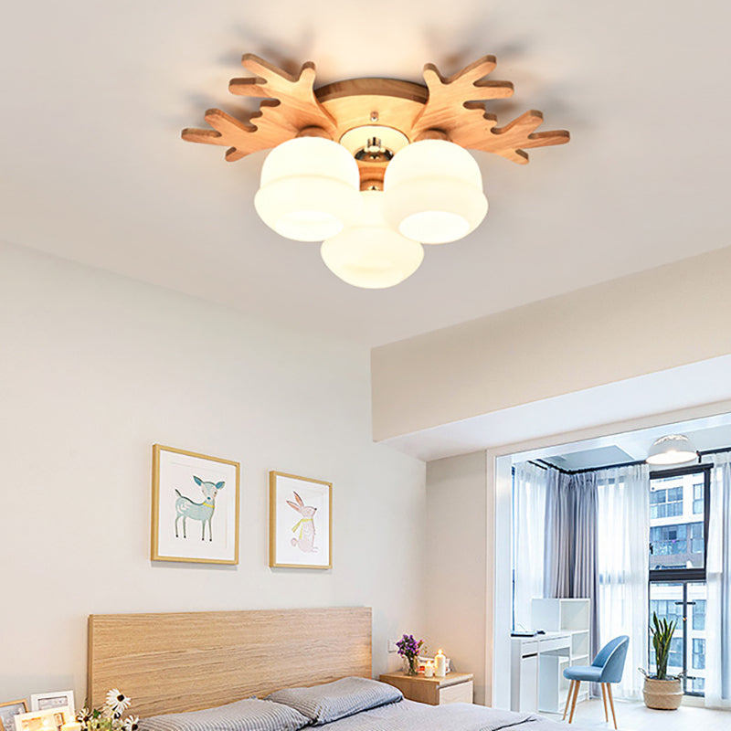 White Bud Shade Ceiling Mount Light with Beige Antlers Lovely Wooden Ceiling Lamp for Kid Bedroom Clearhalo 'Ceiling Lights' 'Close To Ceiling Lights' 'Close to ceiling' 'Semi-flushmount' Lighting' 170664