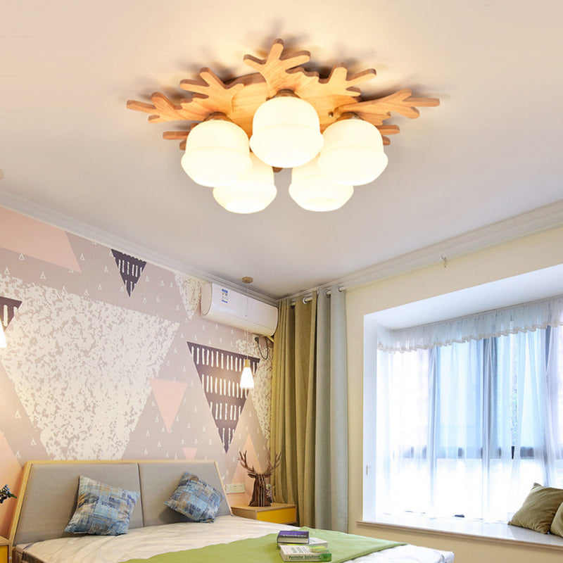 White Bud Shade Ceiling Mount Light with Beige Antlers Lovely Wooden Ceiling Lamp for Kid Bedroom Clearhalo 'Ceiling Lights' 'Close To Ceiling Lights' 'Close to ceiling' 'Semi-flushmount' Lighting' 170668