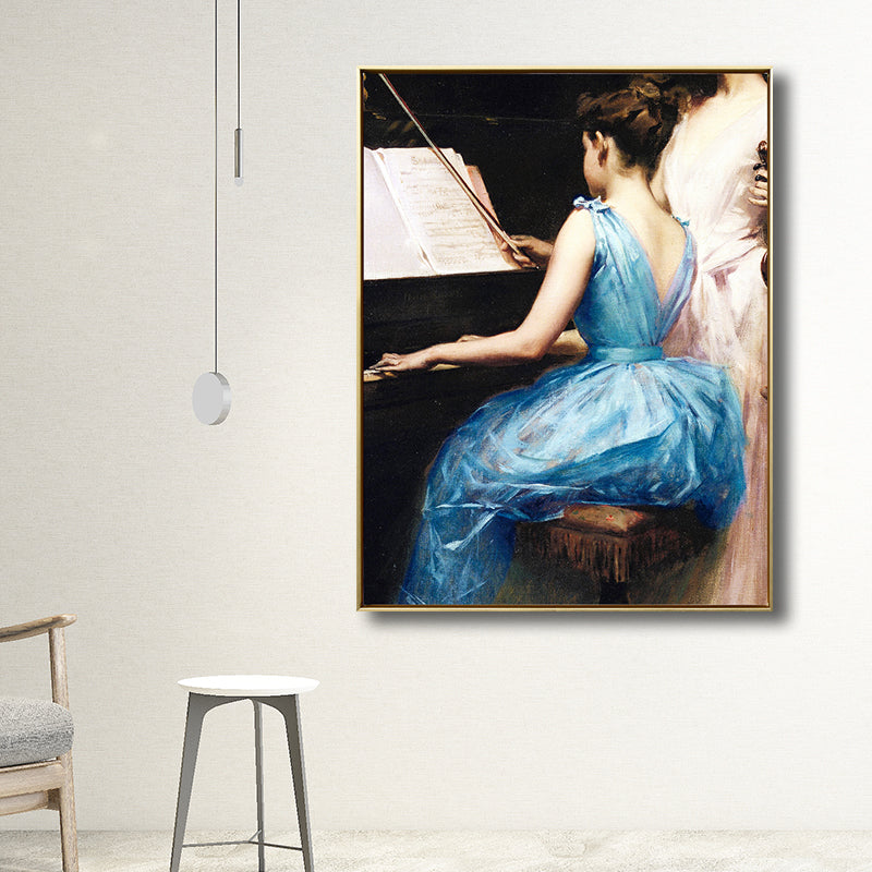 Vintage Musical Canvas Print Girl Playing the Piano Blue Wall Decor for Bedroom, Multiple Sizes Clearhalo 'Arts' 'Canvas Art' 1707228