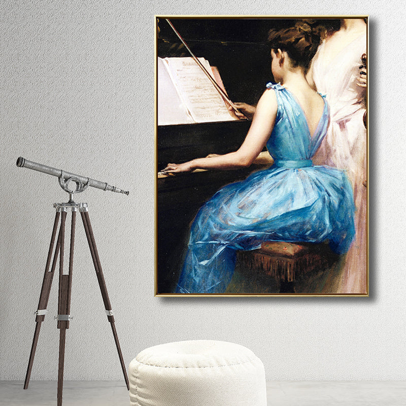 Vintage Musical Canvas Print Girl Playing the Piano Blue Wall Decor for Bedroom, Multiple Sizes Clearhalo 'Arts' 'Canvas Art' 1707229