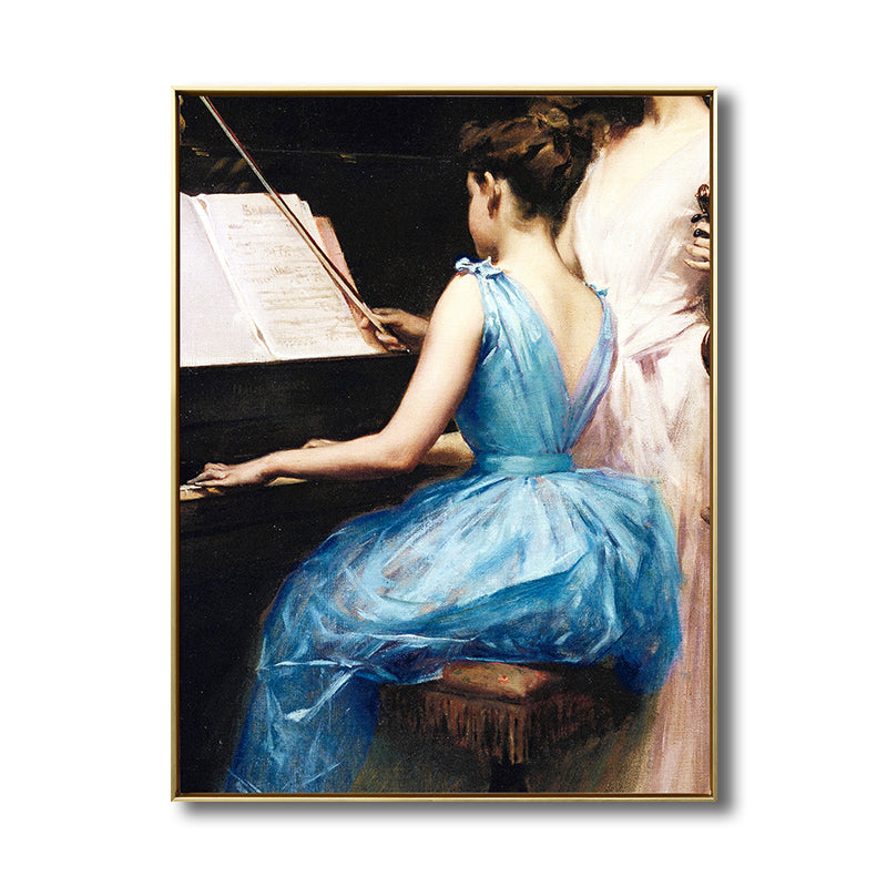 Vintage Musical Canvas Print Girl Playing the Piano Blue Wall Decor for Bedroom, Multiple Sizes Clearhalo 'Arts' 'Canvas Art' 1707230