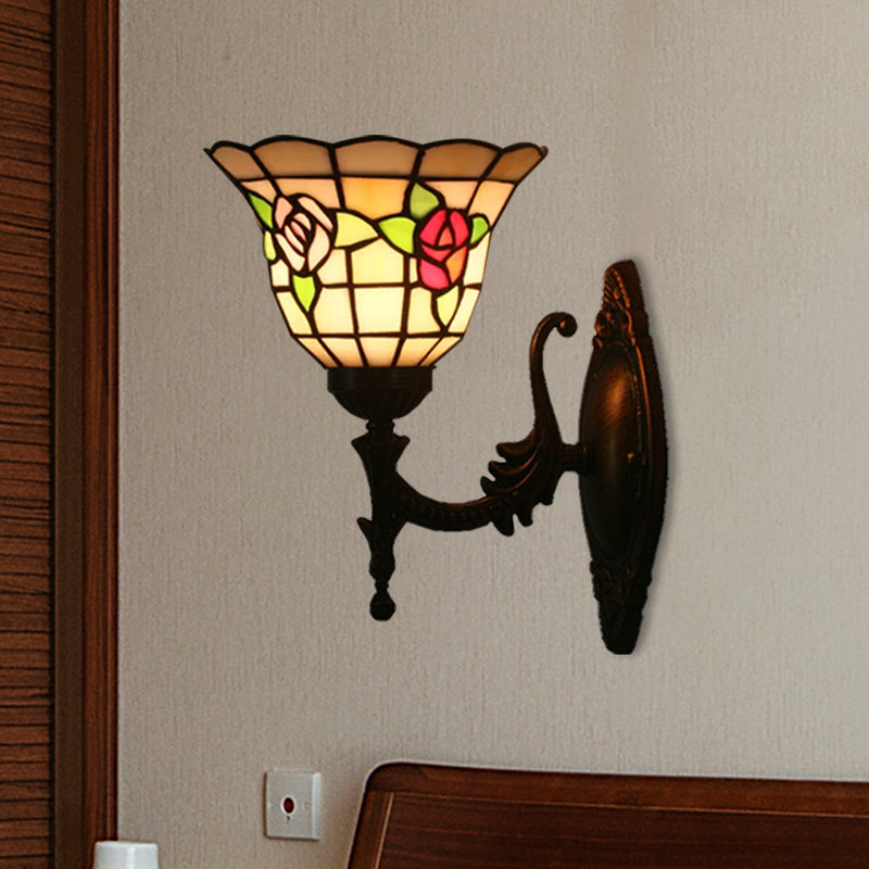 Flared Wall Light Sconce 1 Bulb Stained Glass Tiffany Style Wall Mounted Lamp in Red/Pink/Blue with Floral Pattern Red-Pink Clearhalo 'Art deco wall lights' 'Cast Iron' 'Glass' 'Industrial' 'Middle century wall lights' 'Modern' 'Tiffany wall lights' 'Tiffany' 'Traditional wall lights' 'Wall Lamps & Sconces' 'Wall Lights' Lighting' 1710358