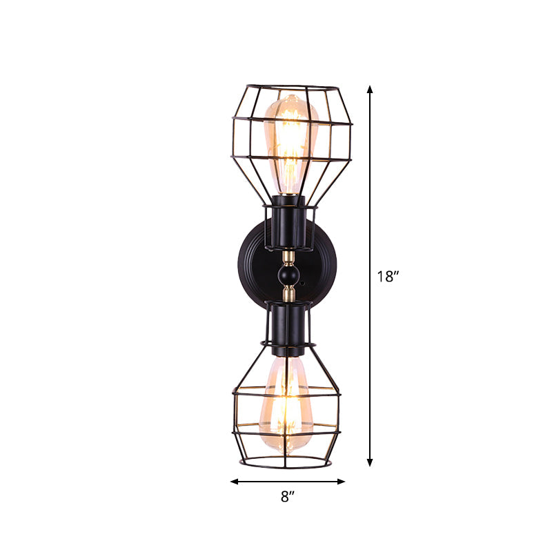 2 Heads Metal Wall Lighting Fixture Industrial Black Torpedo Cage Study Room Wall Mount Light Clearhalo 'Art deco wall lights' 'Cast Iron' 'Glass' 'Industrial wall lights' 'Industrial' 'Middle century wall lights' 'Modern' 'Rustic wall lights' 'Tiffany' 'Traditional wall lights' 'Wall Lamps & Sconces' 'Wall Lights' Lighting' 1710470