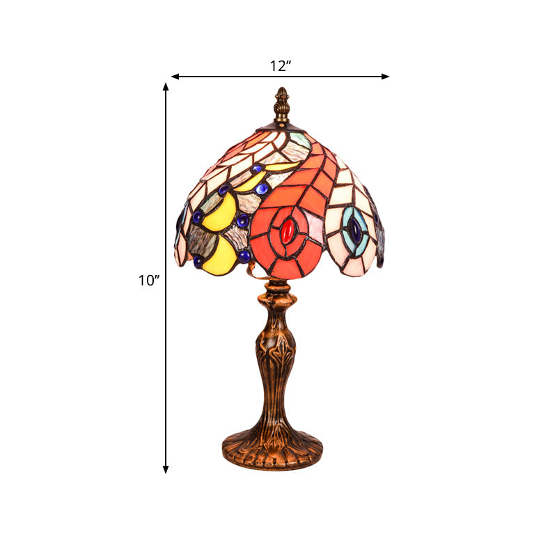 2-Light Bedroom Table Lamp Baroque Brass Peacock Tail Patterned Night Light with Bowl Stained Glass Shade Clearhalo 'Lamps' 'Table Lamps' Lighting' 1710849