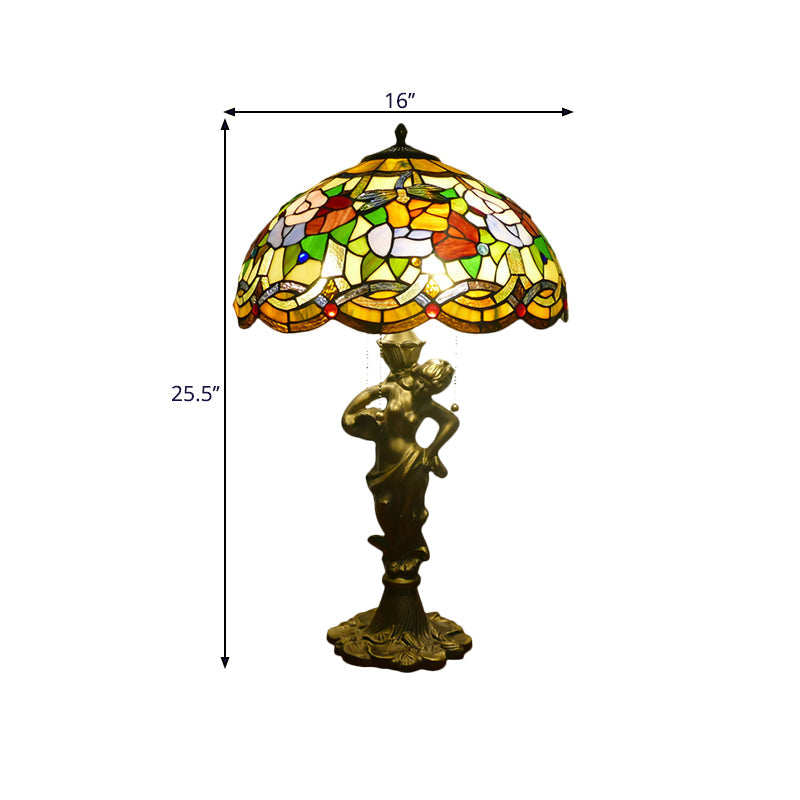 3 Heads Bell/Scalloped Night Lighting Baroque Gold Stained Glass Flower Patterned Task Lamp with Resin Naked Woman Clearhalo 'Lamps' 'Table Lamps' Lighting' 1710996