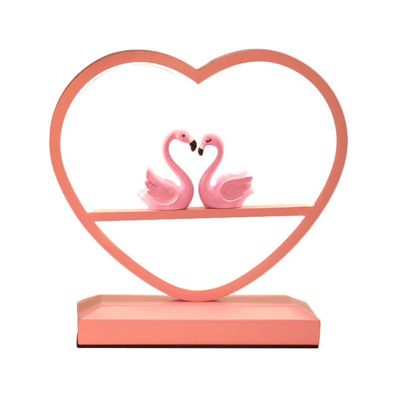 Nordic Loving Heart Night Lamp Metallic Sleeping Room LED Table Light with Swans Deco in Pink Clearhalo 'Lamps' 'Table Lamps' Lighting' 1711081