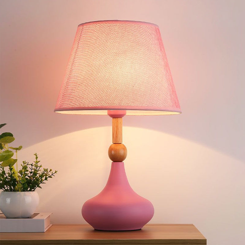 Barrel Task Lighting Macaron Fabric 1 Head Grey/Pink/Blue Night Table Light with Metallic Vase Base Pink Clearhalo 'Lamps' 'Table Lamps' Lighting' 1711096