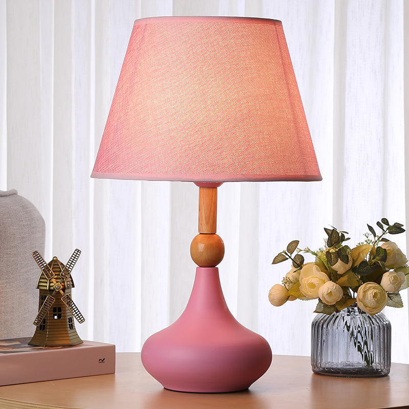 Barrel Task Lighting Macaron Fabric 1 Head Grey/Pink/Blue Night Table Light with Metallic Vase Base Clearhalo 'Lamps' 'Table Lamps' Lighting' 1711097