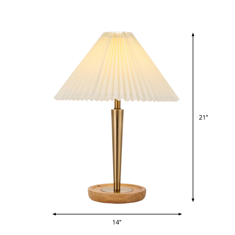 1-Head Night Table Lamp Countryside Conic Pleated Fabric Task Lighting with Wood Round Pedestal in Gold Clearhalo 'Lamps' 'Table Lamps' Lighting' 1711249