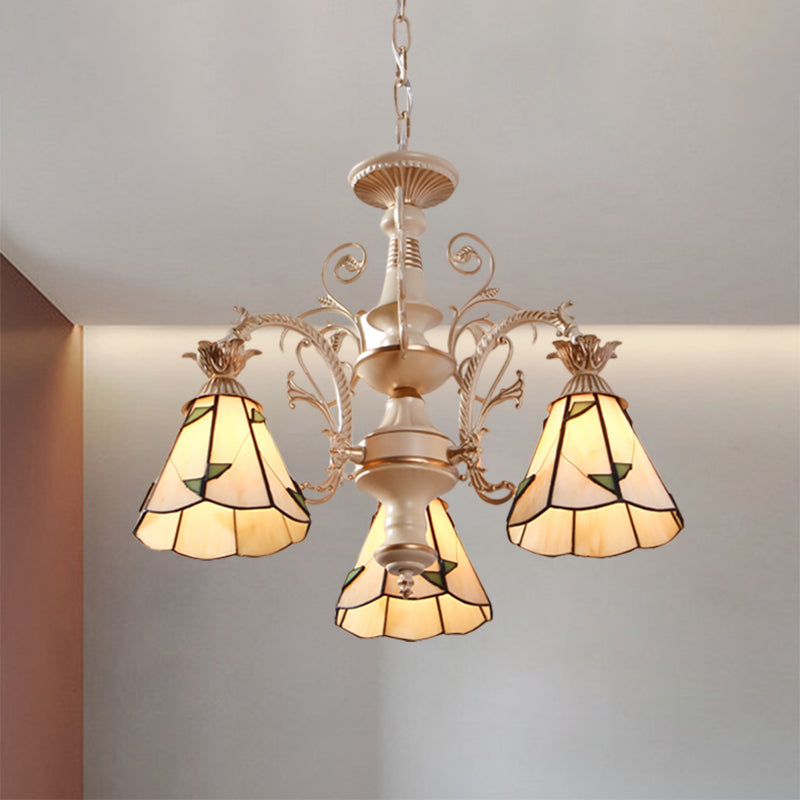 3/5-Light Conic Pendant Chandelier Mission White Stained Glass Leaf Patterned Ceiling Hang Fixture 3 White Clearhalo 'Ceiling Lights' 'Chandeliers' 'Industrial' 'Middle Century Chandeliers' 'Tiffany Chandeliers' 'Tiffany close to ceiling' 'Tiffany' Lighting' 1711266