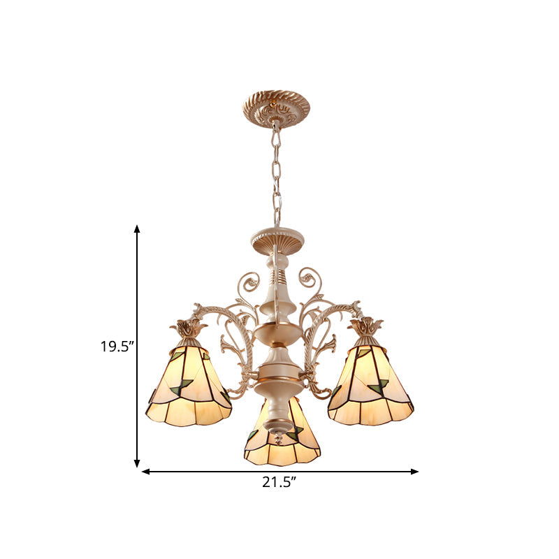 3/5-Light Conic Pendant Chandelier Mission White Stained Glass Leaf Patterned Ceiling Hang Fixture Clearhalo 'Ceiling Lights' 'Chandeliers' 'Industrial' 'Middle Century Chandeliers' 'Tiffany Chandeliers' 'Tiffany close to ceiling' 'Tiffany' Lighting' 1711269