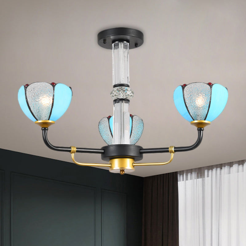 Blue 3/6 Lights Hanging Chandelier Baroque Cut Glass Floral Pendant Ceiling Light for Living Room 3 Blue Clearhalo 'Ceiling Lights' 'Chandeliers' 'Industrial' 'Middle Century Chandeliers' 'Tiffany Chandeliers' 'Tiffany close to ceiling' 'Tiffany' Lighting' 1711279