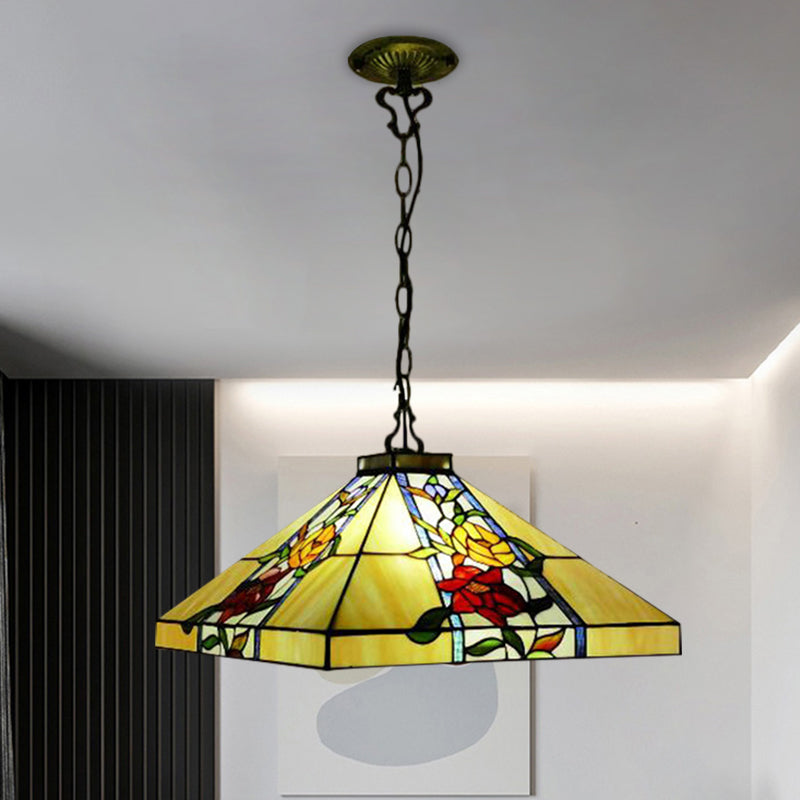 Hand Cut Glass Bronze Chandelier Tapered 3 Lights Mediterranean Hanging Pendant for Dining Room Bronze Clearhalo 'Ceiling Lights' 'Chandeliers' 'Industrial' 'Middle Century Chandeliers' 'Pendant Lights' 'Tiffany Chandeliers' 'Tiffany close to ceiling' 'Tiffany' Lighting' 1711316