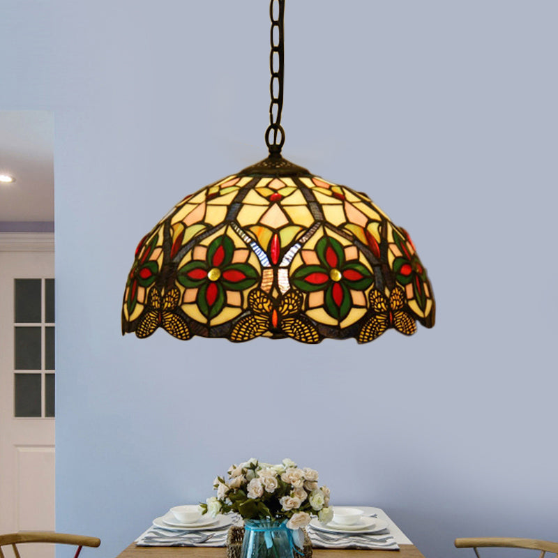 1 Head Drop Pendant Tiffany Bowl Stained Glass Hanging Light Fixture in Green with Flower Pattern Clearhalo 'Art Deco Pendants' 'Cast Iron' 'Ceiling Lights' 'Ceramic' 'Chandeliers' 'Crystal' 'Industrial' 'Metal' 'Middle Century Pendants' 'Pendant Lights' 'Pendants' 'Tiffany close to ceiling' 'Tiffany Pendants' 'Tiffany' Lighting' 1711458