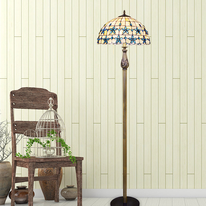 Grid Dome Standing Floor Lighting 2 Heads Shell Baroque Floor Lamp in Blue with Floret Pattern Blue Clearhalo 'Floor Lamps' 'Lamps' Lighting' 1711540