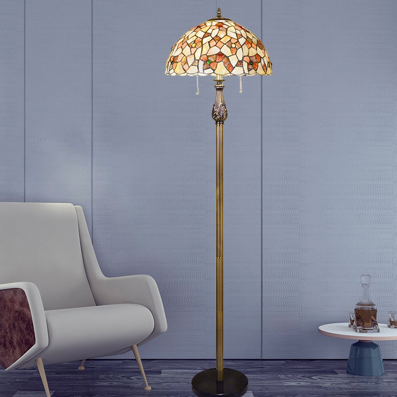 White Bowl Reading Floor Lamp Tiffany 2-Light Shell Pull Chain Standing Lighting with Blossom Pattern White Clearhalo 'Floor Lamps' 'Lamps' Lighting' 1711556