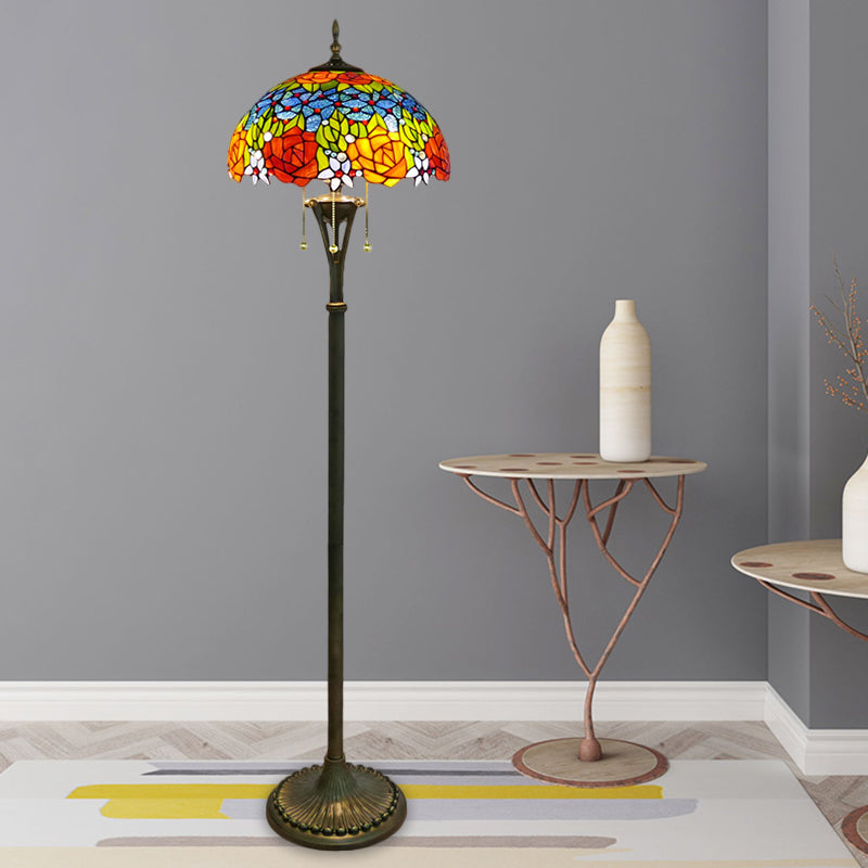 3 Bulbs Flower/Grapes Floor Lighting Tiffany Style Blue and Green/Red and Yellow Standing Glass Standing Lamp with Pull Chain Red-Yellow Clearhalo 'Floor Lamps' 'Lamps' Lighting' 1711560