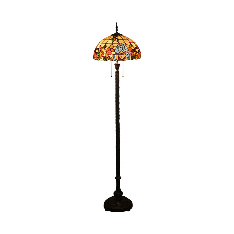 Copper 2 Lights Standing Lamp Victorian Cut Glass Flower and Bird Floor Reading Light with Bowl Shade Clearhalo 'Floor Lamps' 'Lamps' Lighting' 1711580