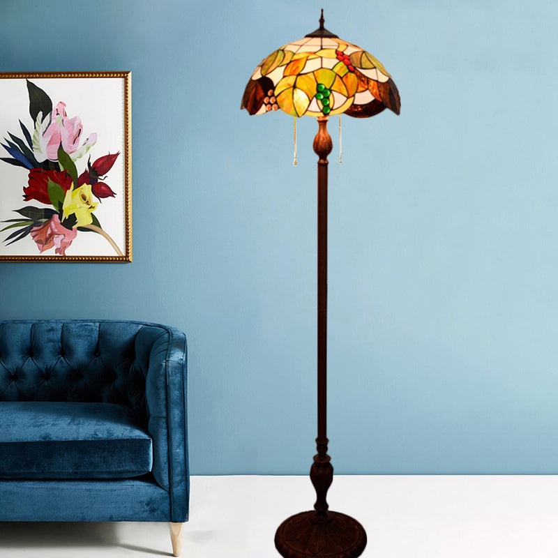 Cut Glass Copper Floor Lighting Scalloped 3 Bulbs Mediterranean Stand Up Lamp with Leaf and Grape Pattern Copper Clearhalo 'Floor Lamps' 'Lamps' Lighting' 1711586