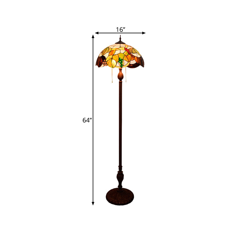 Cut Glass Copper Floor Lighting Scalloped 3 Bulbs Mediterranean Stand Up Lamp with Leaf and Grape Pattern Clearhalo 'Floor Lamps' 'Lamps' Lighting' 1711589