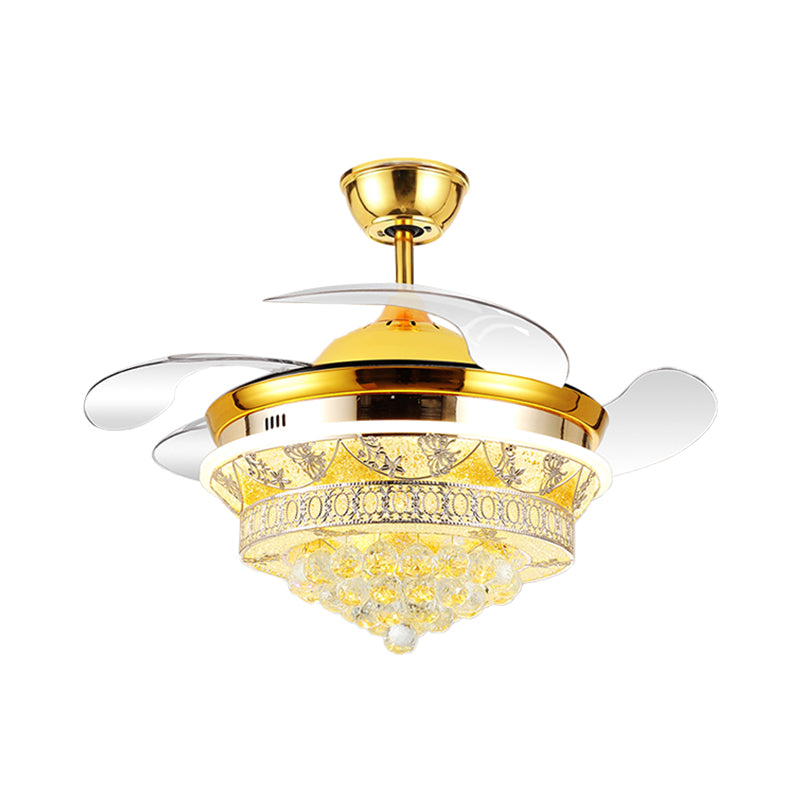 4 Blades Modern Cone Semi Flush Light Crystal Ball LED Bedroom Ceiling Fan Lamp with Floral Design in Gold, 19