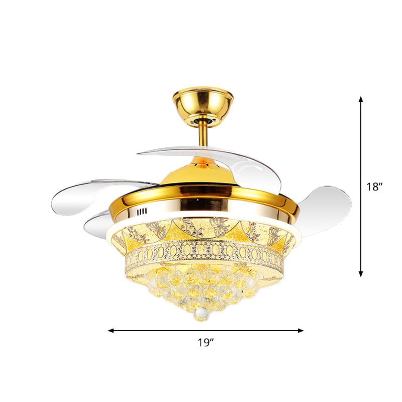 4 Blades Modern Cone Semi Flush Light Crystal Ball LED Bedroom Ceiling Fan Lamp with Floral Design in Gold, 19