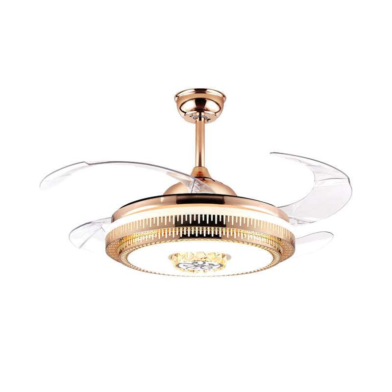 Gold LED Round Semi Mount Lighting Modernist Metallic 4-Blade Pendant Fan Light Fixture, 19