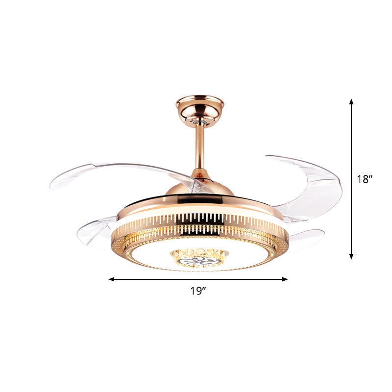 Gold LED Round Semi Mount Lighting Modernist Metallic 4-Blade Pendant Fan Light Fixture, 19