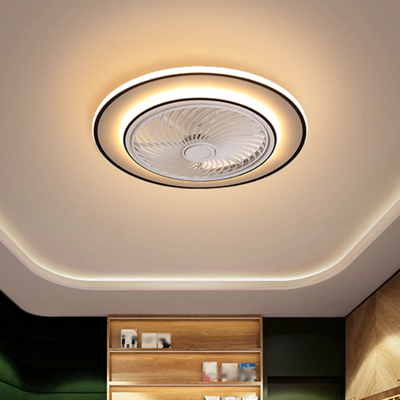Round Metal Ceiling Fan Light Modern LED Black Semi Flush Mount for bedroom, 23