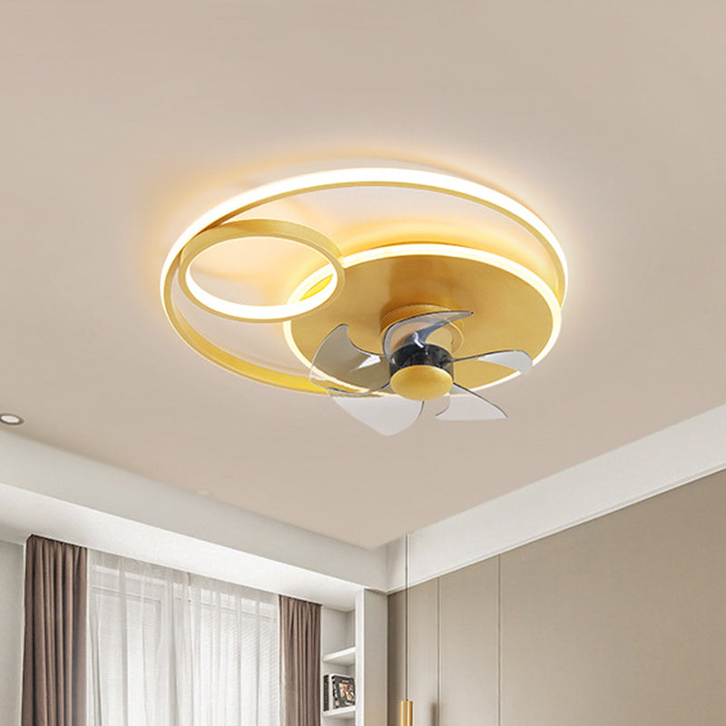 Aluminum Ring Fan Light Fixture Modern LED Gold Semi Flush with 5 Blades for Bedroom, 18