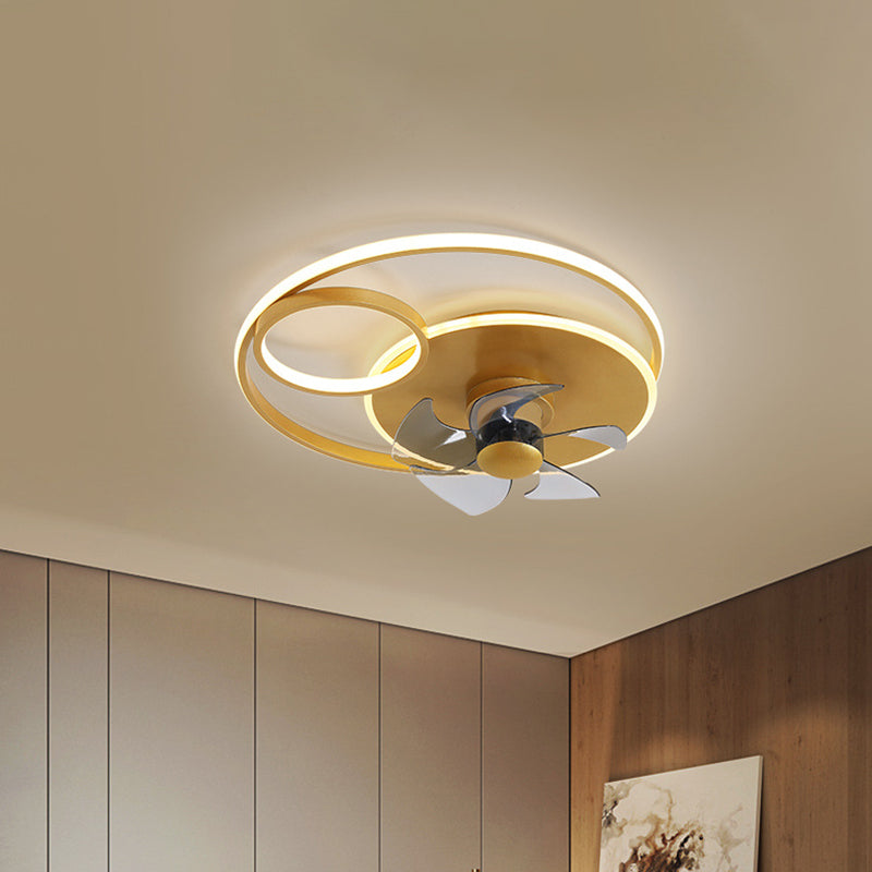 Aluminum Ring Fan Light Fixture Modern LED Gold Semi Flush with 5 Blades for Bedroom, 18