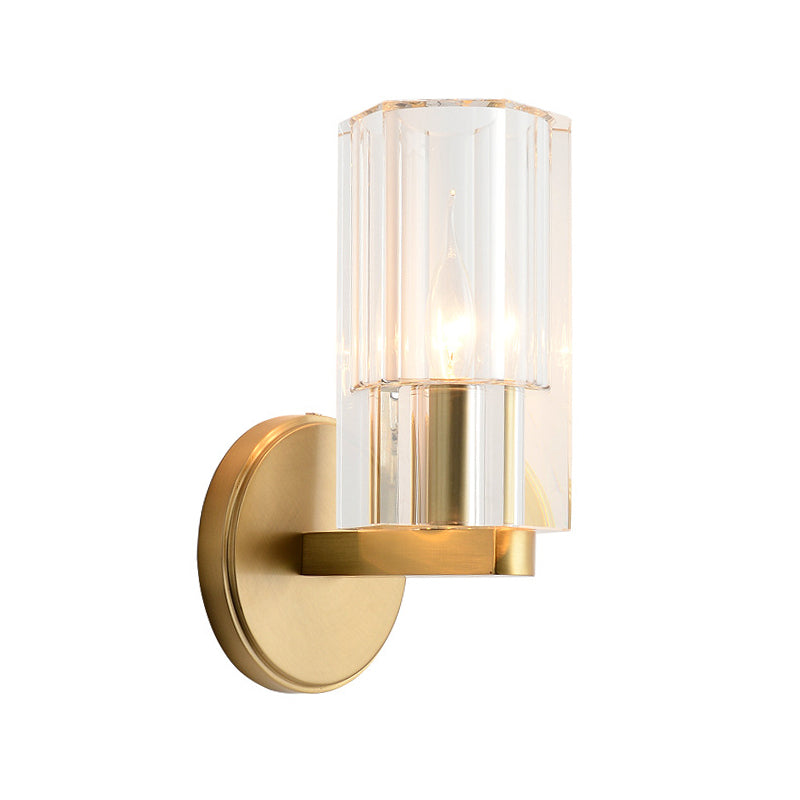 1 Head Bedside Wall Lighting Ideas Modernism Brass Wall Mount Lamp with Cylindrical K9 Crystal Shade Clearhalo 'Modern wall lights' 'Modern' 'Wall Lamps & Sconces' 'Wall Lights' Lighting' 1712768