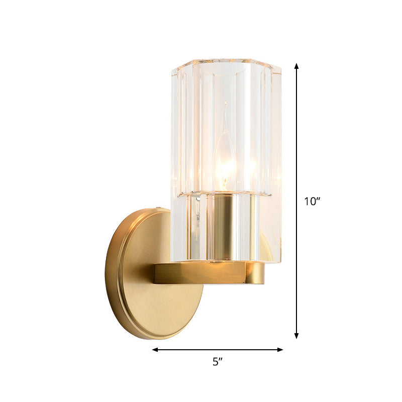 1 Head Bedside Wall Lighting Ideas Modernism Brass Wall Mount Lamp with Cylindrical K9 Crystal Shade Clearhalo 'Modern wall lights' 'Modern' 'Wall Lamps & Sconces' 'Wall Lights' Lighting' 1712769