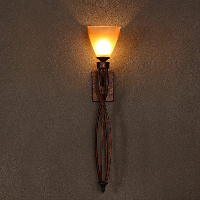 Trapezoid Corridor Wall Mounted Lamp Rustic Amber Glass Single Light Rust Wall Lighting with Twisted Line Arm Clearhalo 'Wall Lamps & Sconces' 'Wall Lights' Lighting' 1712803