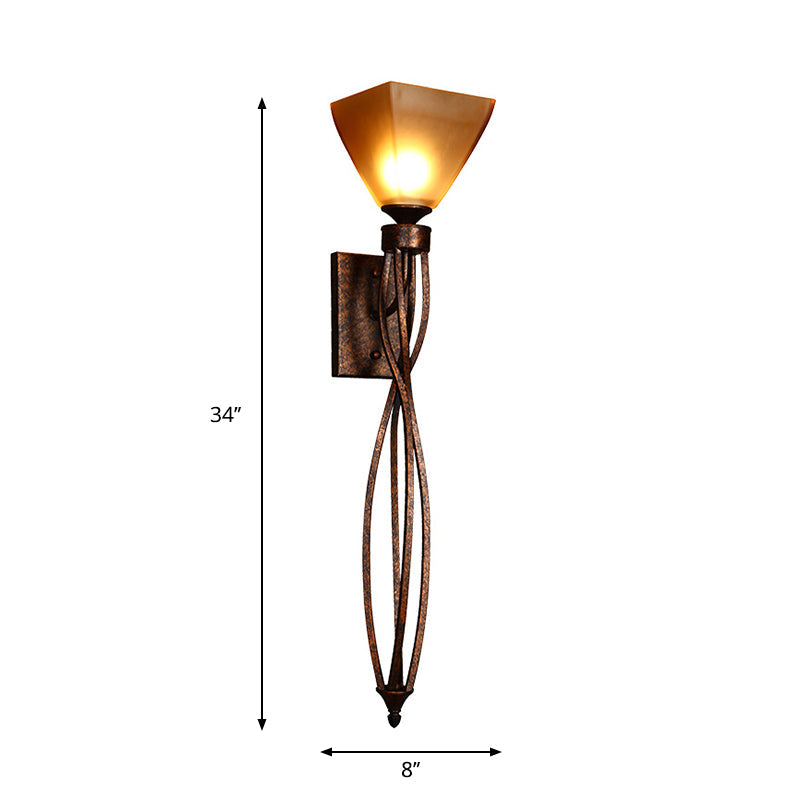 Trapezoid Corridor Wall Mounted Lamp Rustic Amber Glass Single Light Rust Wall Lighting with Twisted Line Arm Clearhalo 'Wall Lamps & Sconces' 'Wall Lights' Lighting' 1712805