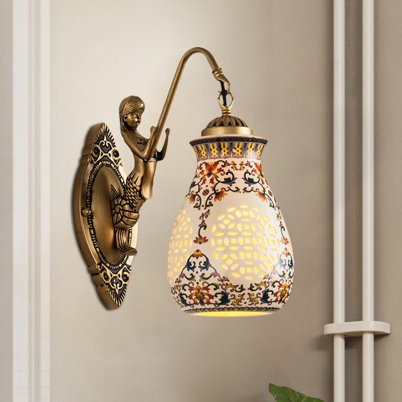 Ceramic Antique Brass Wall Lighting Pierced Jar 1/2-Head Traditional Patterned Sconce Light Fixture with Small Mermaid Design Clearhalo 'Wall Lamps & Sconces' 'Wall Lights' Lighting' 1712867