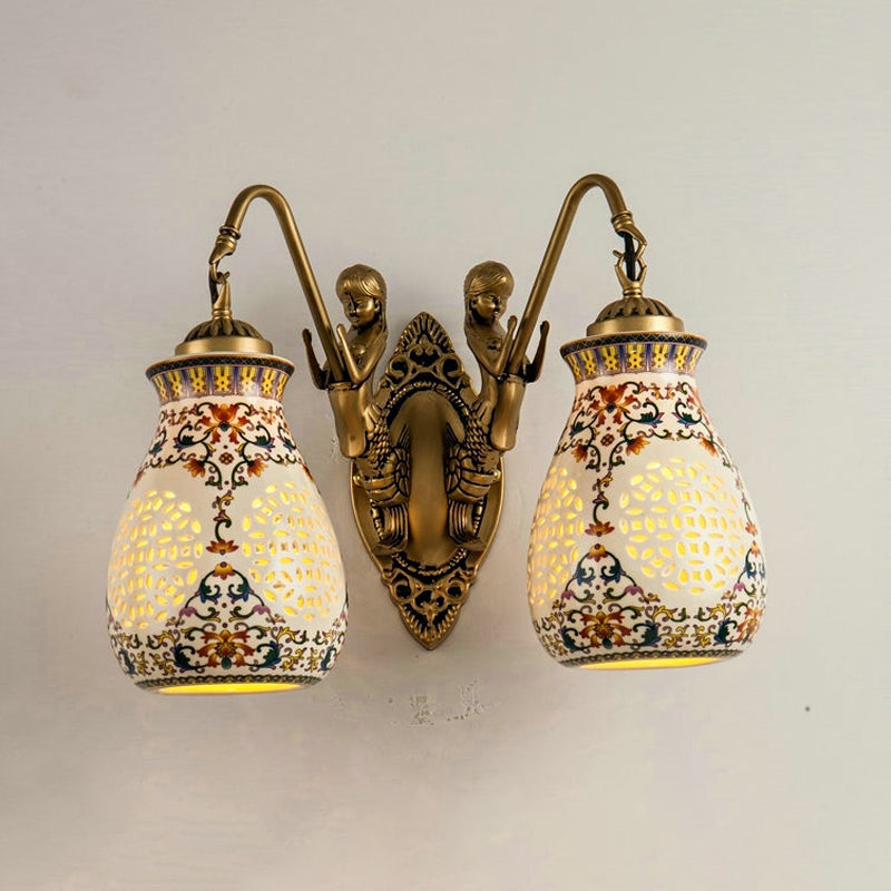 Ceramic Antique Brass Wall Lighting Pierced Jar 1/2-Head Traditional Patterned Sconce Light Fixture with Small Mermaid Design Clearhalo 'Wall Lamps & Sconces' 'Wall Lights' Lighting' 1712873