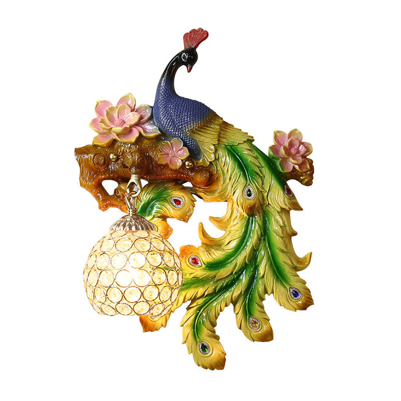 Peacock and Flower Bedroom Sconce Traditional Resin Single Head Blue-Green Wall Lighting Fixture with Orb Hand-Cut Crystal Shade, Left/Right Clearhalo 'Wall Lamps & Sconces' 'Wall Lights' Lighting' 1712877