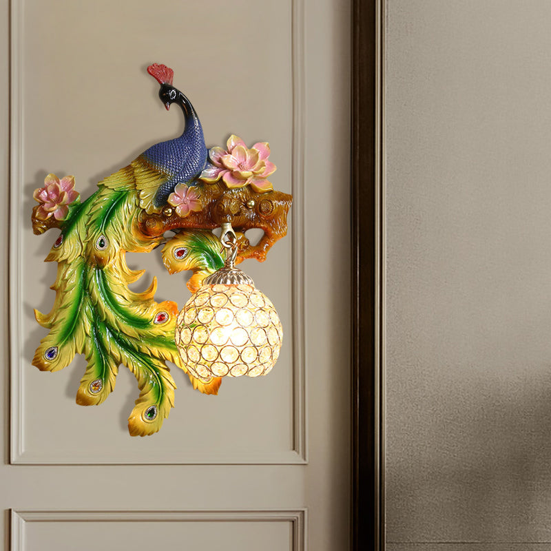 Peacock and Flower Bedroom Sconce Traditional Resin Single Head Blue-Green Wall Lighting Fixture with Orb Hand-Cut Crystal Shade, Left/Right Clearhalo 'Wall Lamps & Sconces' 'Wall Lights' Lighting' 1712880