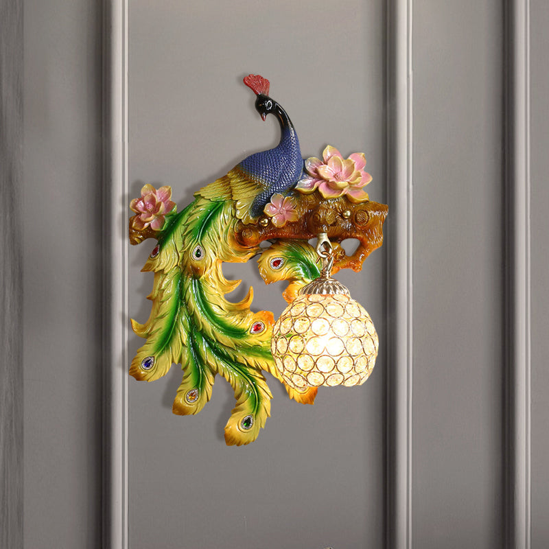 Peacock and Flower Bedroom Sconce Traditional Resin Single Head Blue-Green Wall Lighting Fixture with Orb Hand-Cut Crystal Shade, Left/Right Clearhalo 'Wall Lamps & Sconces' 'Wall Lights' Lighting' 1712881