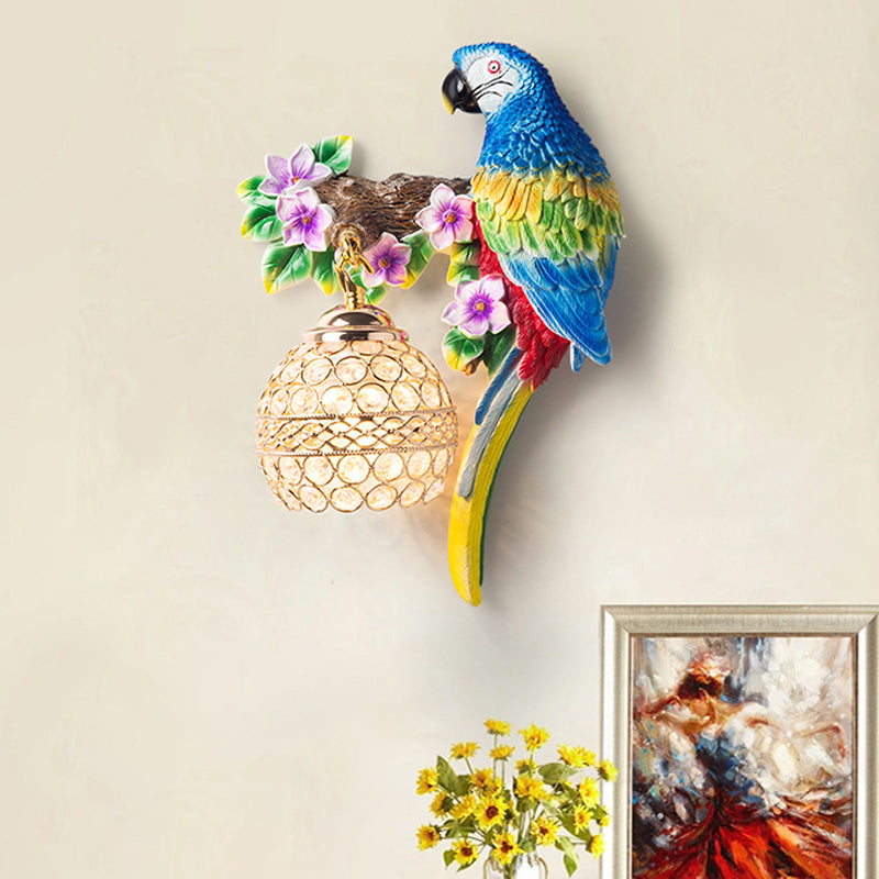 Resin Parrot Wall Sconce Antiqued Single Light Drawing Room Floral Wall Lighting Idea with Ball K9 Crystal Shade in Blue/Red Clearhalo 'Wall Lamps & Sconces' 'Wall Lights' Lighting' 1712889