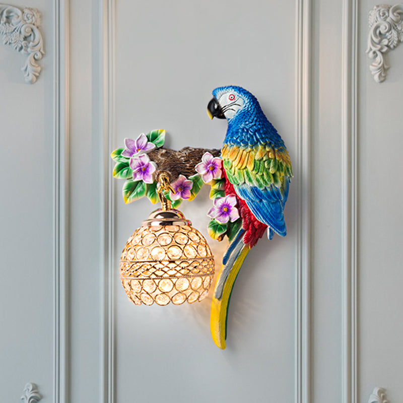 Resin Parrot Wall Sconce Antiqued Single Light Drawing Room Floral Wall Lighting Idea with Ball K9 Crystal Shade in Blue/Red Clearhalo 'Wall Lamps & Sconces' 'Wall Lights' Lighting' 1712890