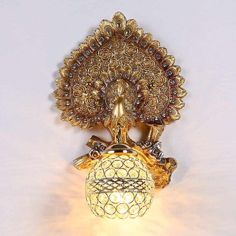 Classic Orb Shape Wall Lamp 1 Head Clear K9 Crystal Sconce Light Fixture with Peacock Decor in Yellow/Gold Clearhalo 'Wall Lamps & Sconces' 'Wall Lights' Lighting' 1712899