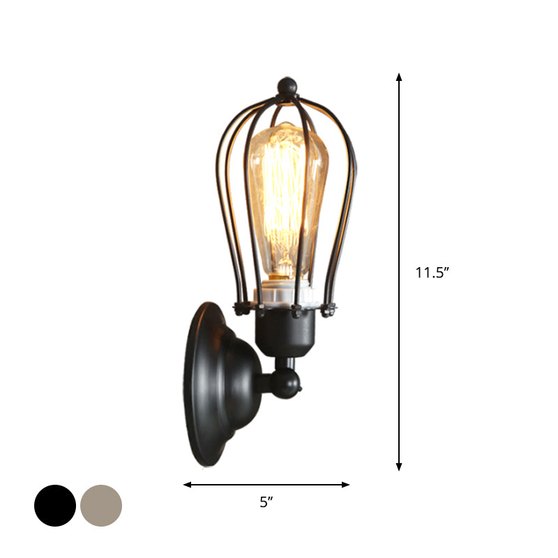 Metallic Oval Caged Wall Mounted Lamp Farmhouse 1-Light Restaurant Wall Lighting Fixture in Antique Bronze/Black Clearhalo 'Wall Lamps & Sconces' 'Wall Lights' Lighting' 1712903