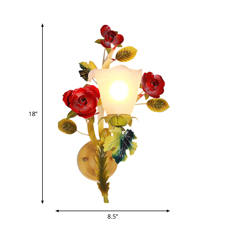 Yellow 1/2 Heads Sconce Lighting Country Milky Glass Blossom Wall Mount Lamp with Rose Decor Clearhalo 'Wall Lamps & Sconces' 'Wall Lights' Lighting' 1712929