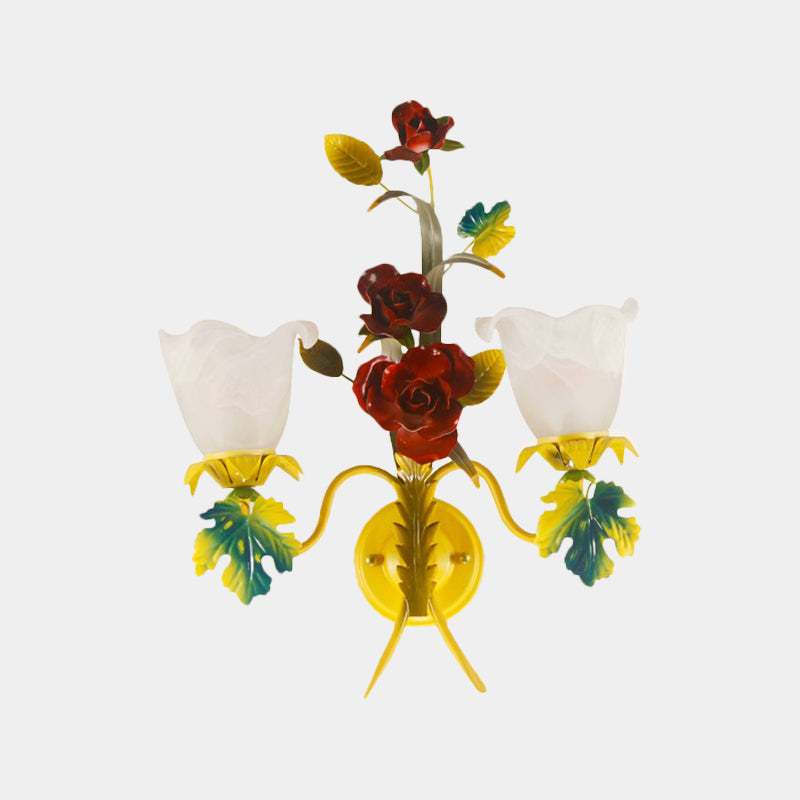 Yellow 1/2 Heads Sconce Lighting Country Milky Glass Blossom Wall Mount Lamp with Rose Decor Clearhalo 'Wall Lamps & Sconces' 'Wall Lights' Lighting' 1712933