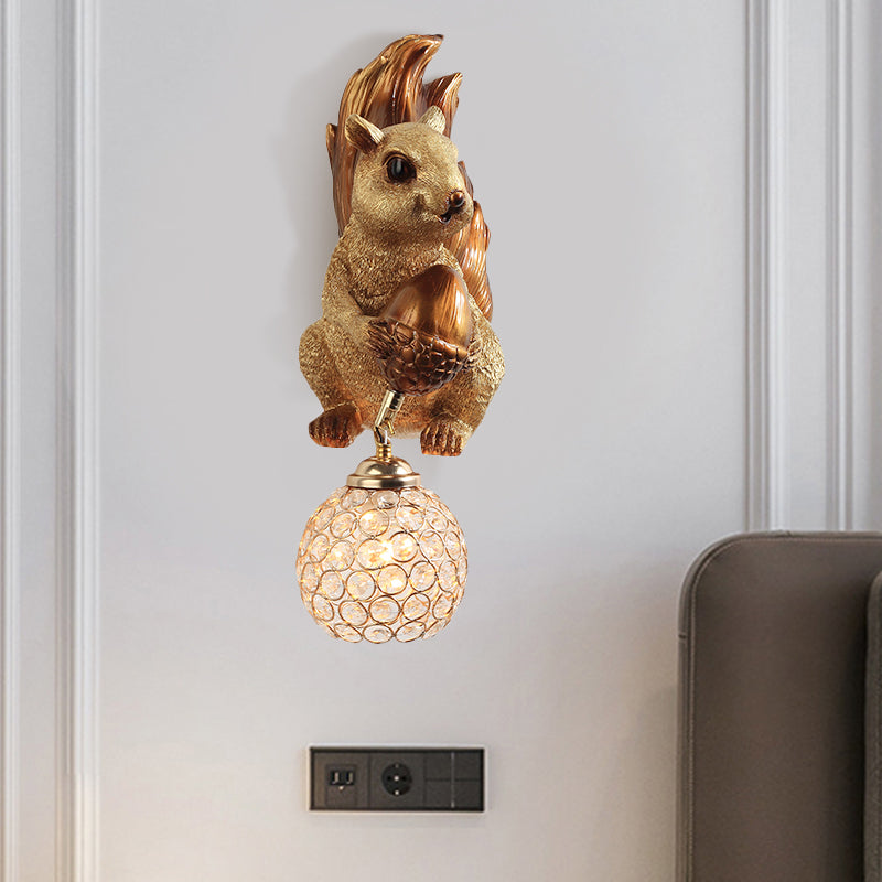 Cottage Global Sconce Light 1-Bulb Beveled Clear Crystal Wall Lighting Idea with Squirrel Decor in Gold/Orange/Gold and Brown Clearhalo 'Wall Lamps & Sconces' 'Wall Lights' Lighting' 1712981