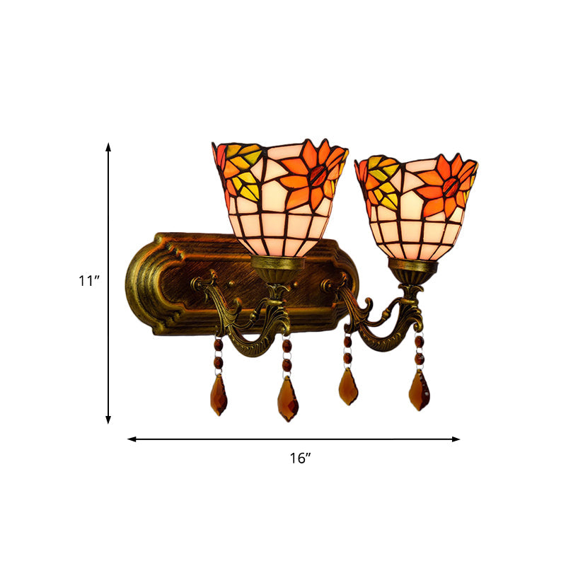 2 Lights Bowl Wall Sconce Lighting Tiffany Stained Glass Wall Lighting with Crystal in Pink/Brown/Orange Clearhalo 'Industrial' 'Middle century wall lights' 'Tiffany wall lights' 'Tiffany' 'Wall Lamps & Sconces' 'Wall Lights' Lighting' 171299